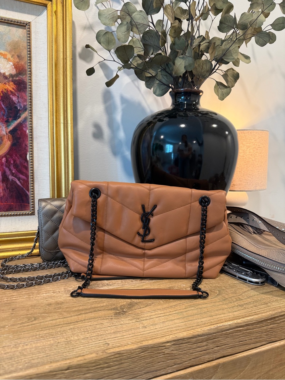 Saint Laurent Quilted Chevron Shoulder Bag in Cognac Brown with Black Hardware